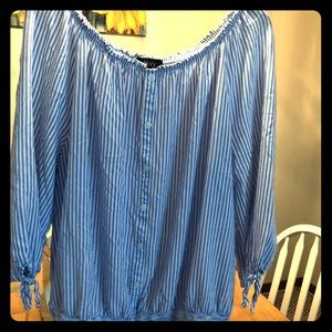 Blue and white striped off the shoulder top